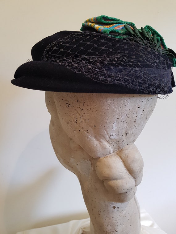 Vintage 40s womens dark navy tilt hat checked gre… - image 6