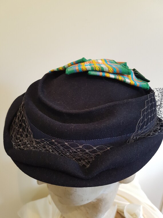 Vintage 40s womens dark navy tilt hat checked gre… - image 7