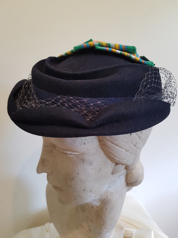 Vintage 40s womens dark navy tilt hat checked gre… - image 2