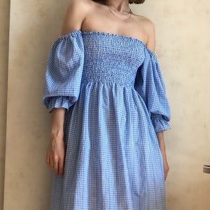 Linen puff sleeve dress sleeper atlanta cotton blue shirred bodies rushed white midi ruffle summer dress square neck Pink
