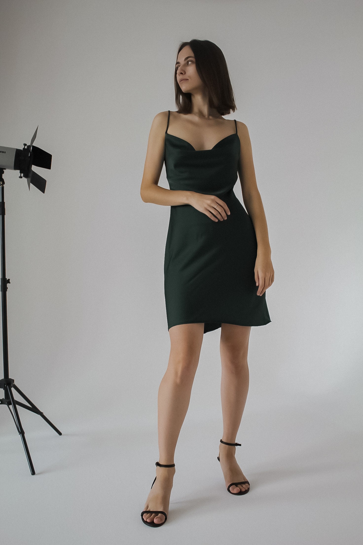 Slip Green Backless Mini Dark Green Spaghetti Strap Dress Cowl - Etsy