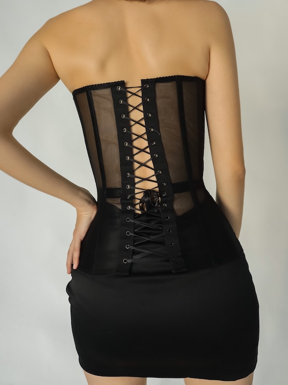Black Corset With Satin Cups Steel Boned Transparent Over Bust
