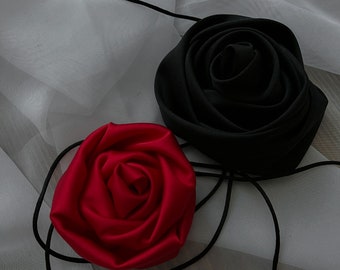 Red satin rose choker, black hand made flower necklace, pink silk large rose