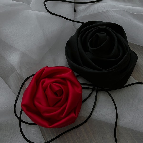 Red satin rose choker, black hand made flower necklace, pink silk large rose