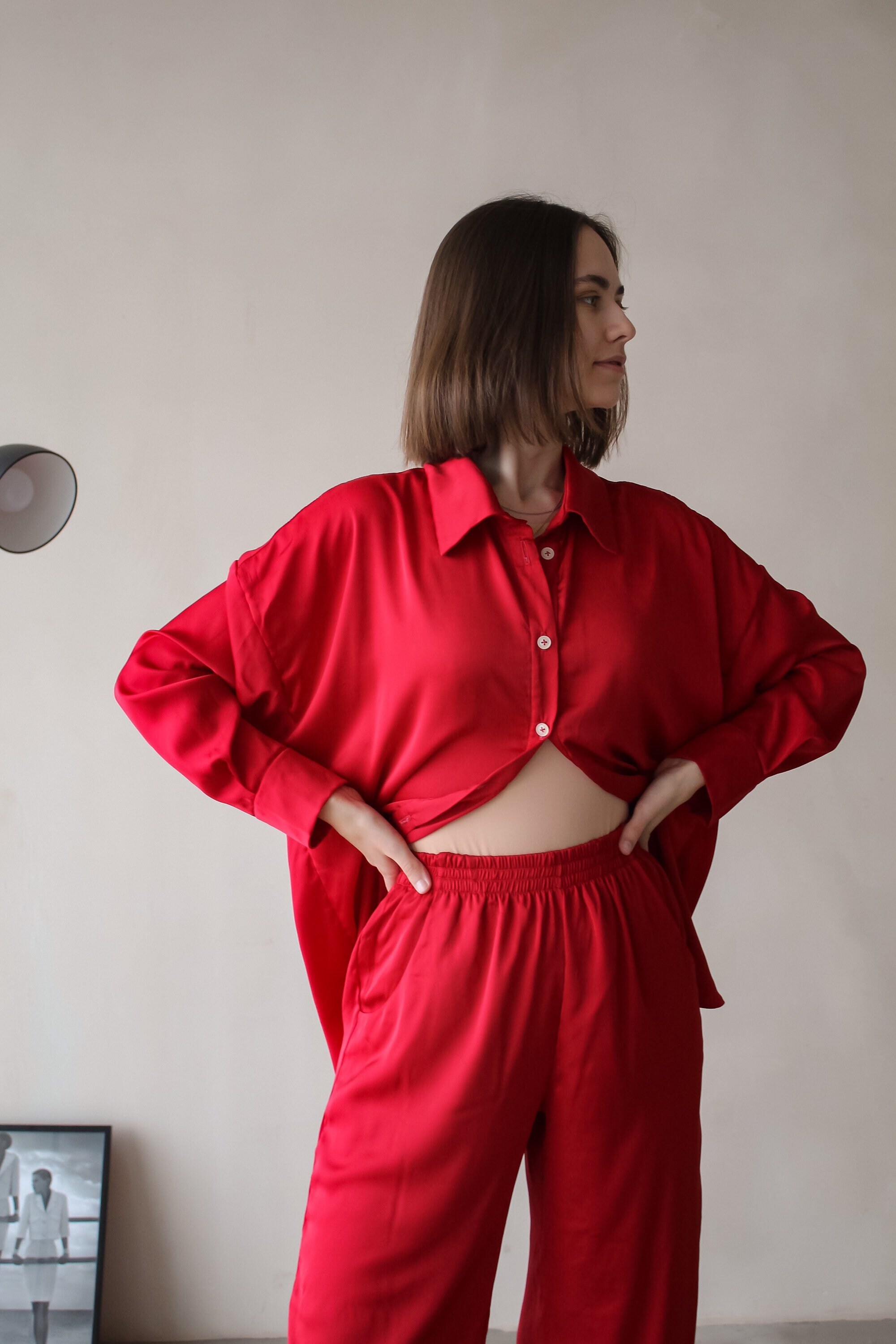 Red Silk PJ Set Long Sleeve Shirt Oversized Sweats Loungewear - Etsy  Australia