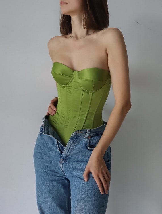 Green Satin Corset Belt With Cups Sage 