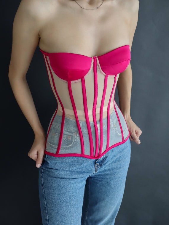 Pink Satin Cups Corset Mesh Over Bust Fuchsia Cinched Steel Boned Corset Top  Black See Through Back Lacing Corset Bridal Lace -  Norway