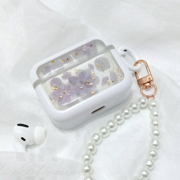 Real light purple hydrangea flower AirPods case with chain for Apple AirPods 2 3 Pro 2nd gen case, protection shockproof flower airpods case