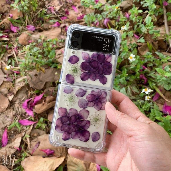 Étui de téléphone à fleurs violettes pressées séchées, étui iPhone 15 14 13 12 pro max, étui Samsung Z Flip 5 4, étui Samsung S23 S22, étui Google Pixel 7 pro