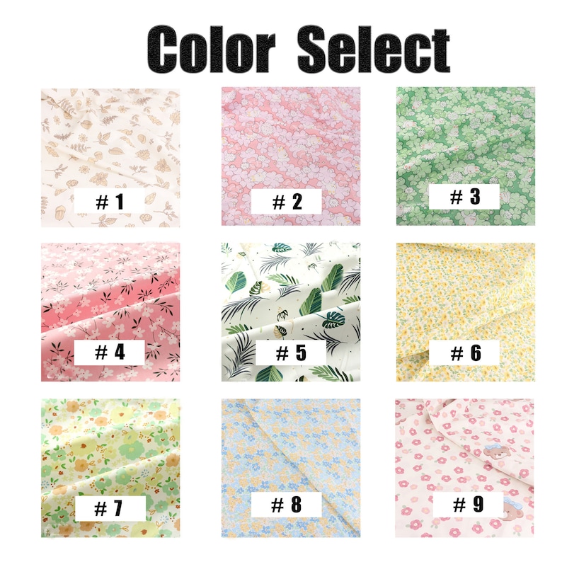 May include: Nine fabric swatches with different floral and leaf patterns. The swatches are numbered 1 through 9.  Color Select is written at the top of the image.