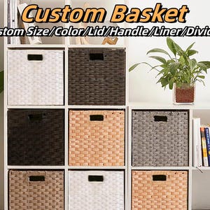 Custom size handmade woven imitation rattan metal frame basket with liner and divider,cabinet basket,mudroom basket with lid,wardrobe basket
