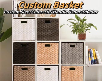 Custom size handmade woven imitation rattan metal frame basket with liner and divider,cabinet basket,mudroom basket with lid,wardrobe basket