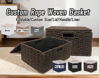 Custom size rope woven foldable basket with lid and liner,custom hemp rope basket,rope woven storage basket,multiple colors,home decor