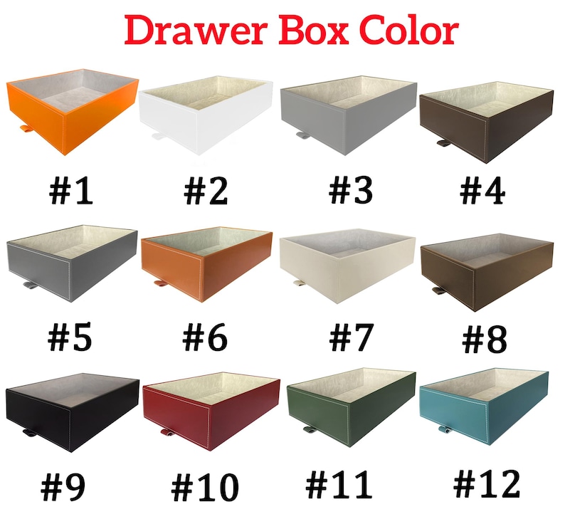 May include: Twelve different color options for drawer boxes. The boxes are made of a material that looks like leather and have a light beige interior. The colors are orange, white, gray, brown, dark gray, orange, beige, brown, black, red, green, and blue.