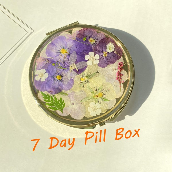 Pastillero de flores de 7 días, joyero de flores prensadas reales, caja de anillo organizador de pastillas de viaje, regalo para mamá, esposa e hija, una semana 7 secciones