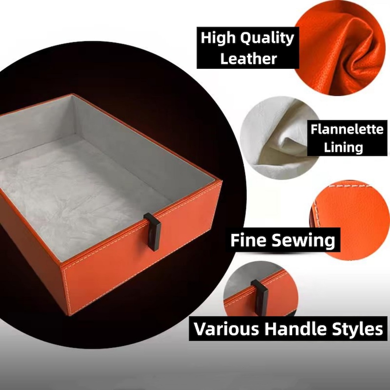 May include: Orange leather storage box with a gray flannel lining. The box has a stitched edge and a black handle. The image highlights the high quality leather, fine sewing, and various handle styles.
