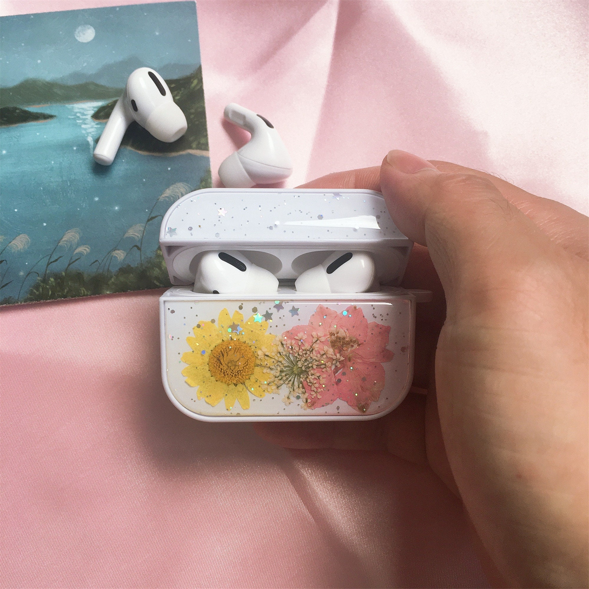 Custom Pressed Real Flower AirPods Case White Scratch Proof Cover For Apple Air Pods Floral AirPods 1 2 Pro Cases