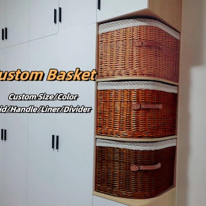 Custom size and name natural wicker handmade woven corner basket with liner,cabinet basket,mudroom wicker basket with lid,wardrobe basket