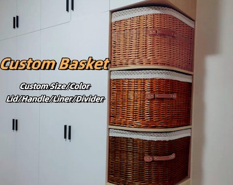 Custom size and name natural wicker handmade woven corner basket with liner,cabinet basket,mudroom wicker basket with lid,wardrobe basket