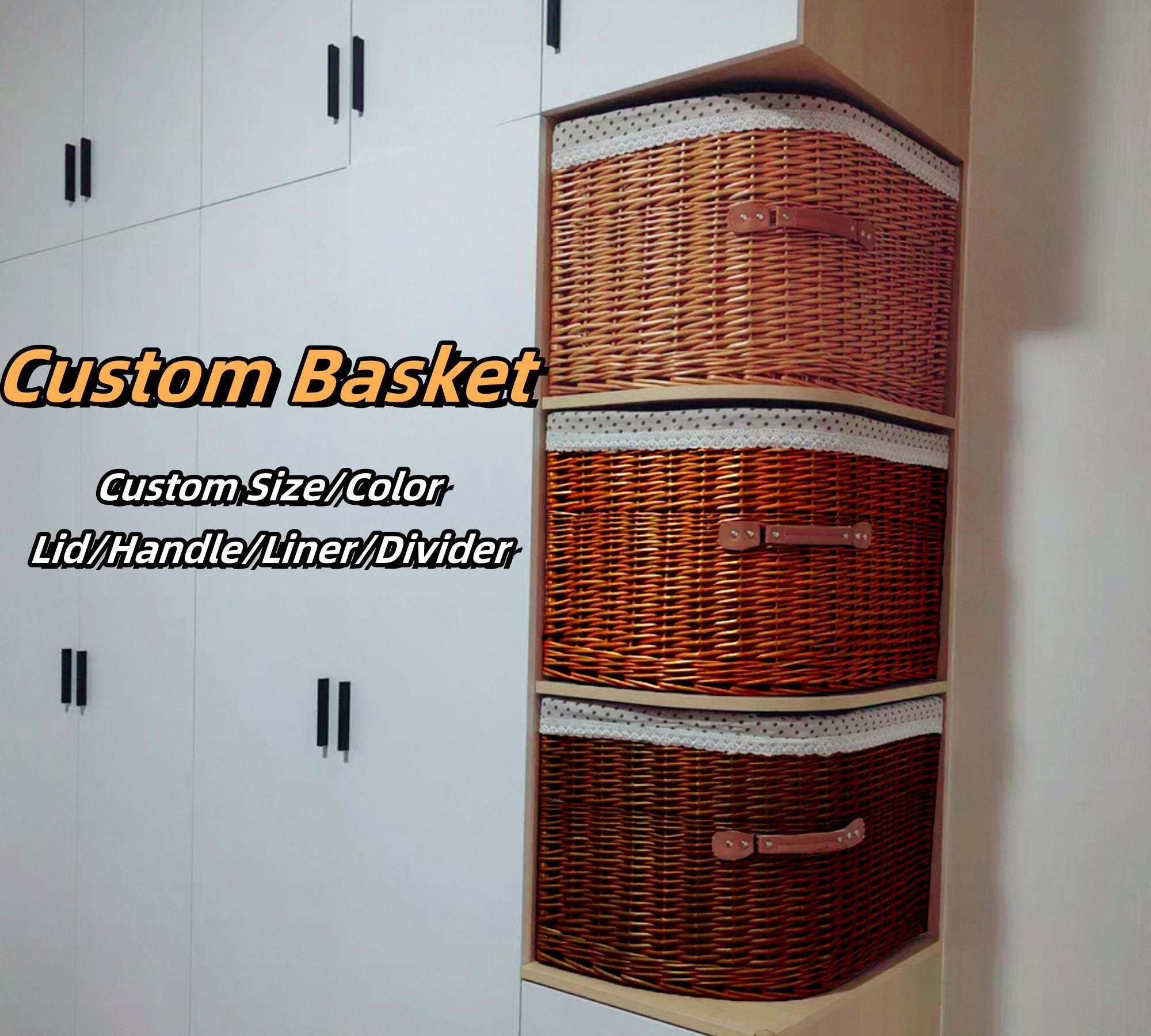 Custom size and name natural wicker handmade woven corner basket with liner,cabinet basket,mudroom wicker basket with lid,wardrobe basket