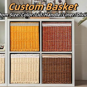 Custom size handmade natural wicker woven cabinet basket with liner,mudroom basket with lid,wardrobe storage basket,laundry room storage