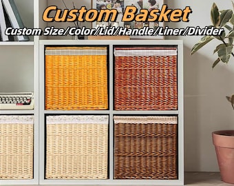 Custom size handmade natural wicker woven cabinet basket with liner,mudroom basket with lid,wardrobe storage basket,laundry room storage