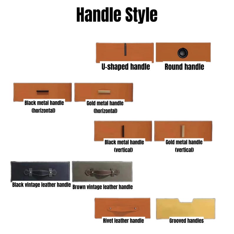 May include: A chart showing different handle styles for bags and luggage. The styles include U-shaped, round, black metal horizontal, gold metal horizontal, black metal vertical, gold metal vertical, black vintage leather, brown vintage leather, rivet leather, and grooved handles.
