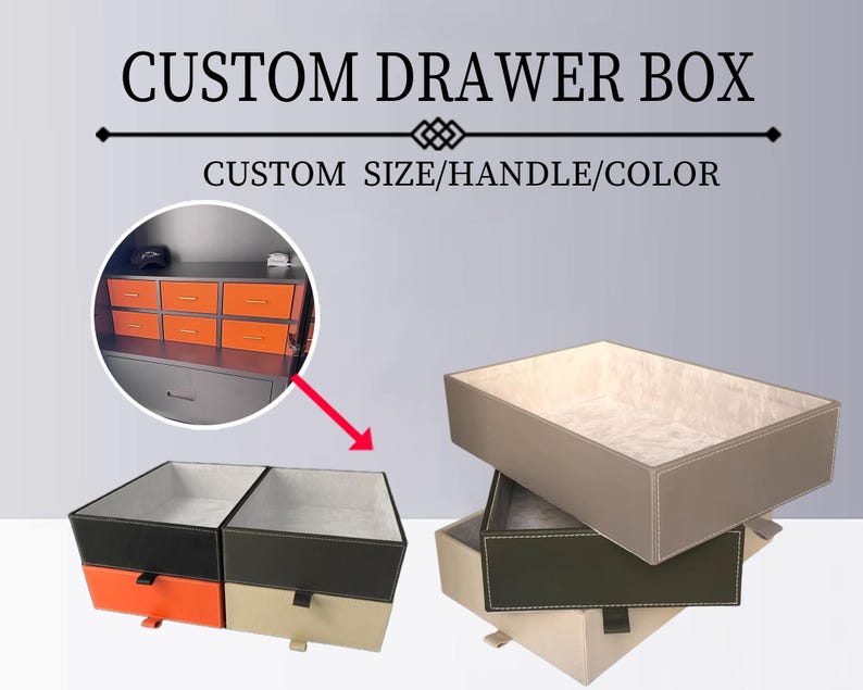 May include: Two custom drawer boxes with beige and gray fabric lining. The boxes are stacked on top of each other. The top box is beige and the bottom box is gray. The boxes have a beige fabric lining and a gray fabric exterior. The boxes are labeled "CUSTOM DRAWER BOX" and "CUSTOM SIZE/HANDLE/COLOR".