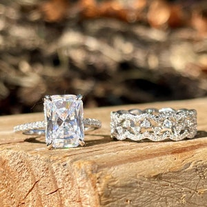 3.75Ct Elegant Radiant Cut Engagement Ring Set, Wedding Ring Set, Vintage Bridal Rings, Crown Diamond Ring Set, Anniversary Gifts For Her