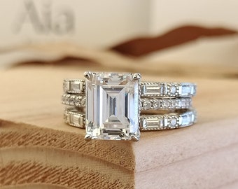 3.75Ct Emerald Cut Diamond Engagement Ring Set, Bridal Ring Set, Vintage Wedding Rings, Anniversary Jewelry, Perfect Birthday Gifts For Her