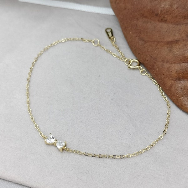 14K Gold Bow Tie Diamond Bracelet, Sterling Silver, Gold Bow Tie Bracelet, Gold Charm Bracelet, Bridesmaid Jewelry, Christmas Gift For Her