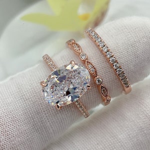 3.25Ct Rose Gold Oval Diamond Wedding Ring Set, Bridal Rings, Engagement Rings, Sterling Silver, Anniversary Jewelry, Birthday Gifts For Her