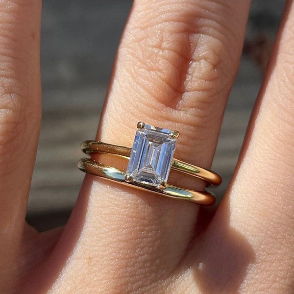 0.75Ct Gold Emerald Cut Diamond Engagement Ring Set, Solitaire Bridal Ring, Promise Ring, Wedding Ring, Bridesmaid Jewelry Gift For Her