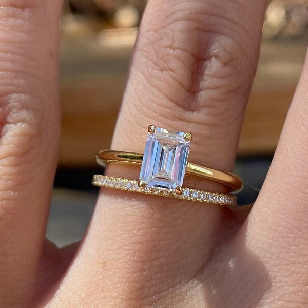 0.75Ct Gold Emerald Cut Diamond Engagement Ring Set, Bridal Set, Bridesmaid Proposal, Promise Ring, Anniversary Jewelry Gift For Her