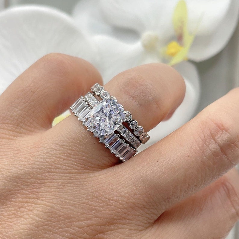 2 Ct Halo Cushion Cut Minimalist Engagement Ring Wedding Ring Set Pave Band Promise Ring, Cocktail Ring Diamond Stimulant CZ in shops 925 silver
