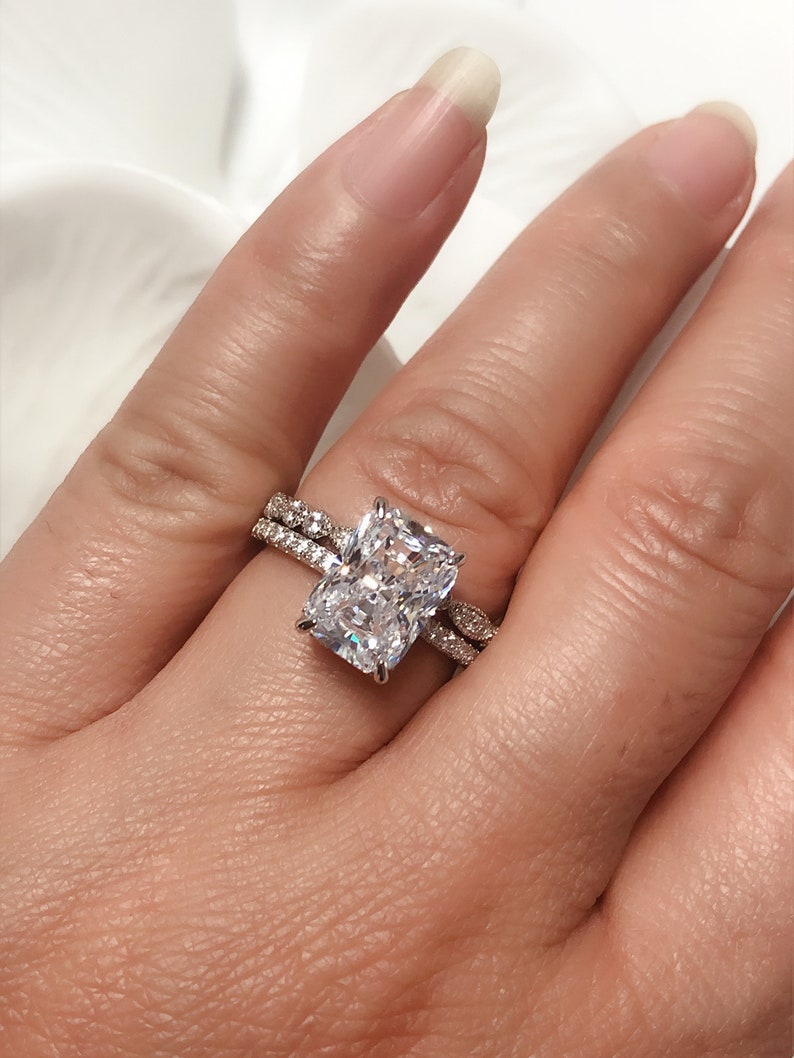 3.75 ctw Radiant Accented Solitaire Engagement Ring Man Made Diamond Simulants Sterling Silver Half Eternity Ring