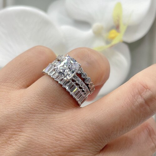 2 Ct Halo Cushion Cut Minimalist Engagement Ring Wedding Ring Set Pave Band Promise Ring, Cocktail Ring Diamond Stimulant CZ in shops 925 silver