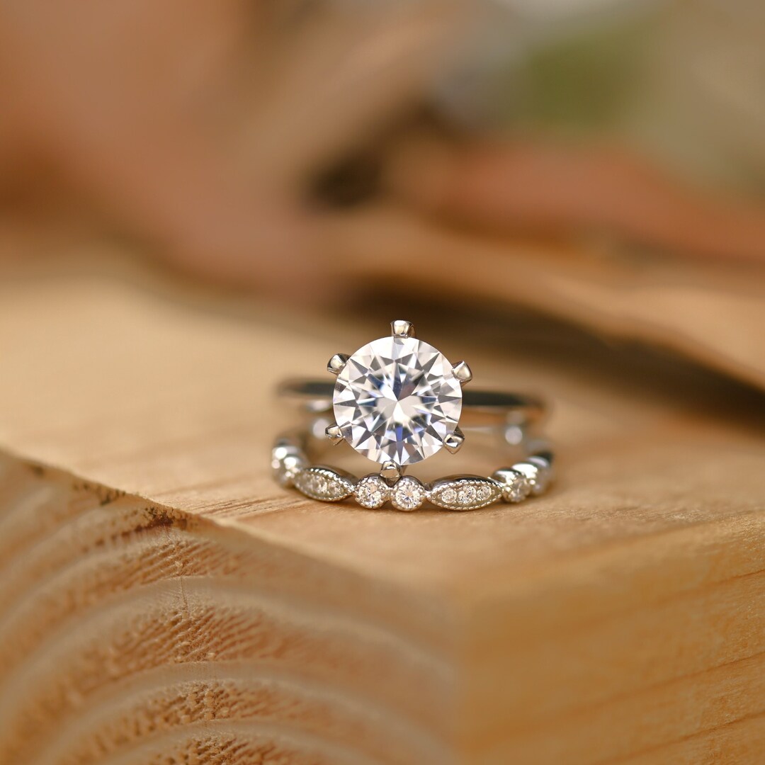 5ct Minimalist Moissanite Round Cut Engagement Ring Set, Bridal Ring Set, Solitaire Ring