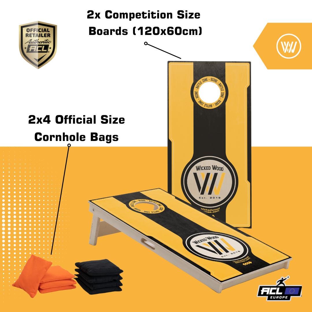 Wicked Wood Games Bois Coffret Officiel et Conforme à l'ACO Cornhole 120x60cm | Taille de compétition | Comprenant 2 Planches + 2x4 Sacs | Logo Wicked Wood | Usage extérieur