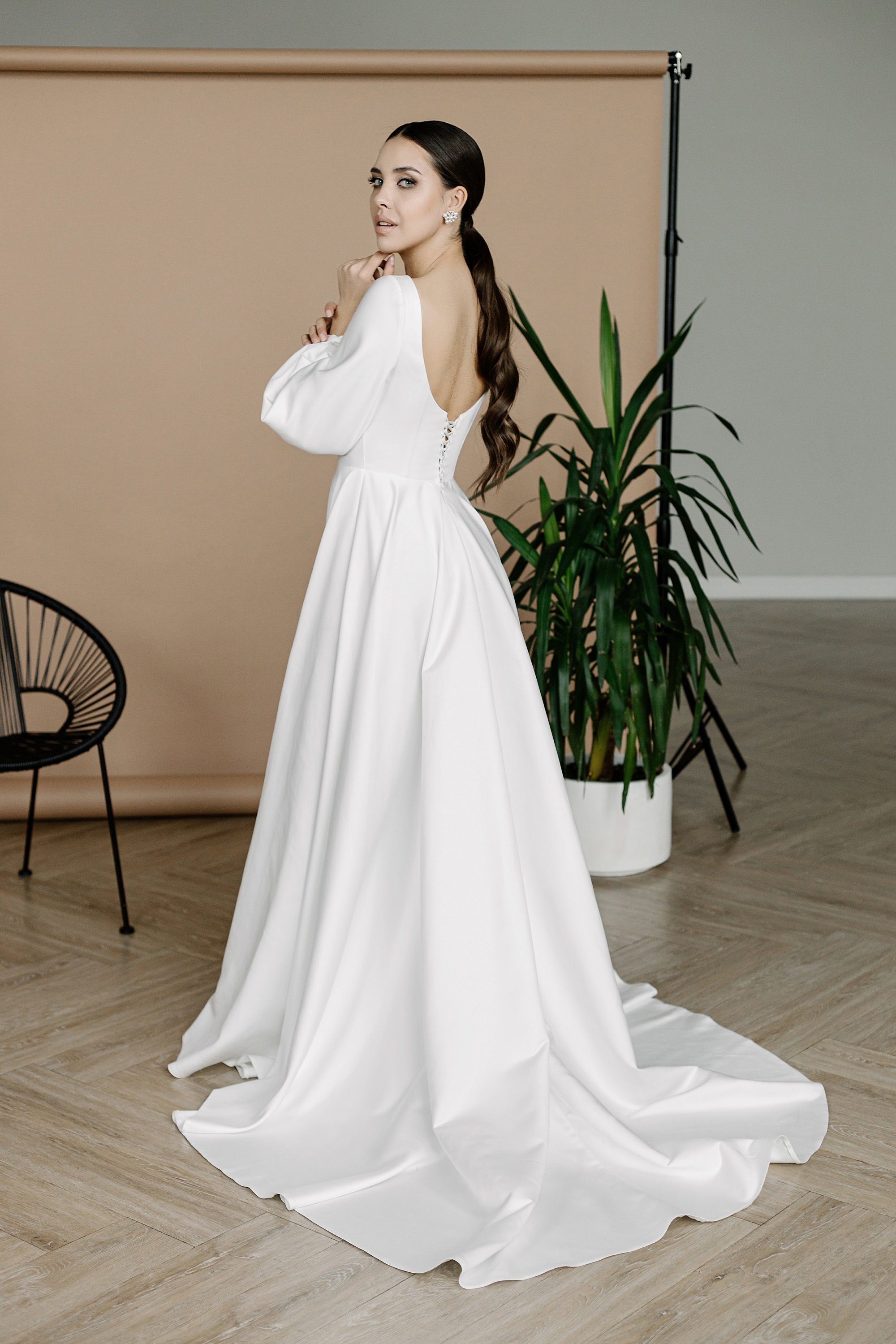Minimalist satin wedding dress with puff long sleeve Elegant | Etsy