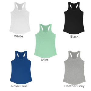 May include: Five tank tops in different colors: white, black, mint green, royal blue, and heather grey. The tank tops have a racerback style and are made of a soft, comfortable fabric.