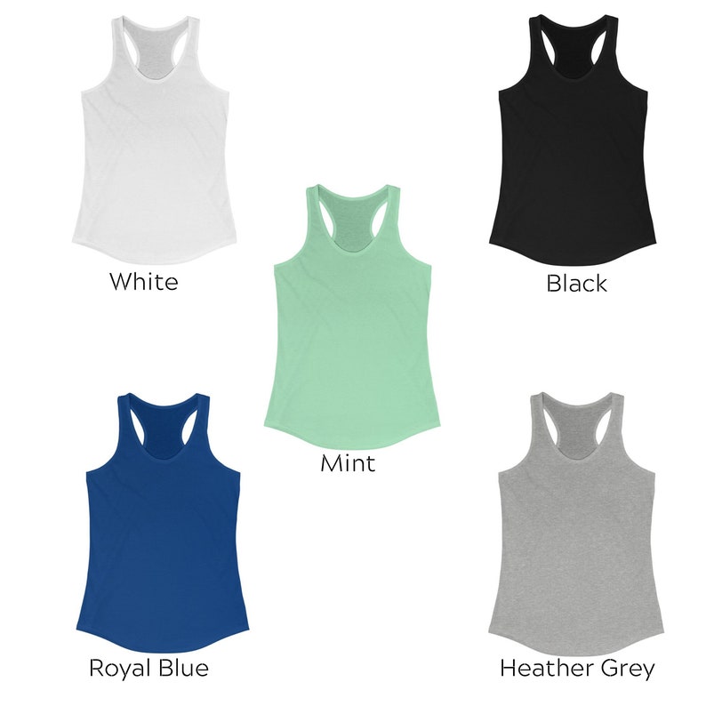 May include: Five tank tops in different colors: white, black, mint green, royal blue, and heather grey. The tank tops have a racerback style and are made of a soft, comfortable fabric.