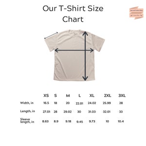 May include: T-shirt size chart with measurements in inches for width, length, and sleeve length. Sizes include XS, S, M, L, XL, 2XL, and 3XL.