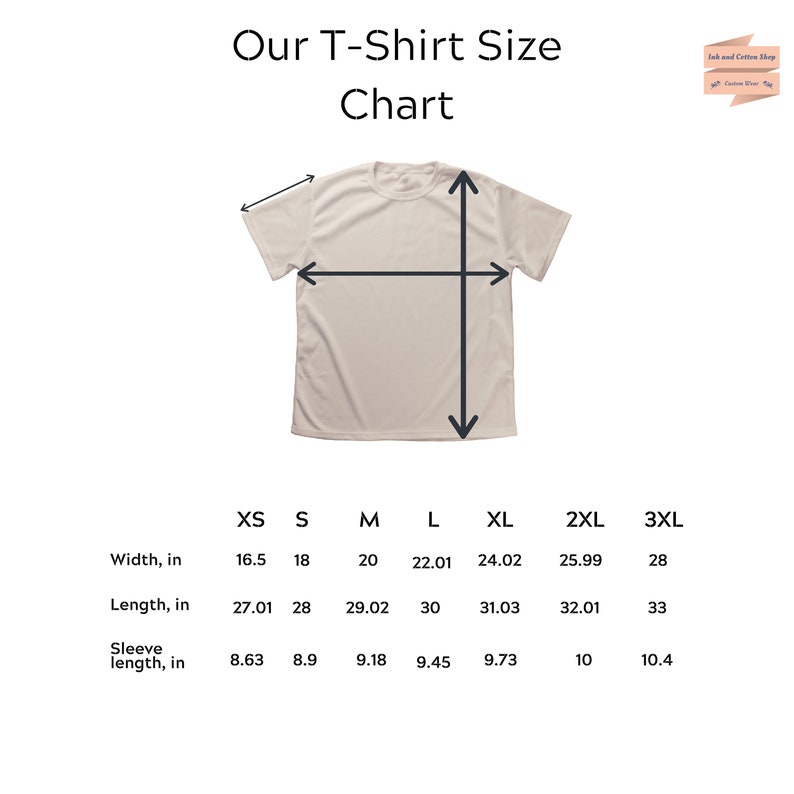 May include: T-shirt size chart with measurements in inches for width, length, and sleeve length. Sizes include XS, S, M, L, XL, 2XL, and 3XL.