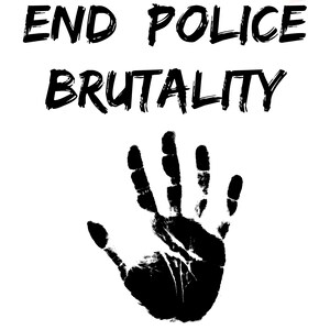 以下が含まれることがあります： 黒と白のグラフィックで、「END POLICE BRUTALITY」というテキストが太字の筆文字で書かれています。テキストの下には黒い手のひらがあります。