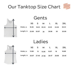 May include: A size chart for tank tops, showing measurements in inches for both men's and women's sizes. The chart includes sizes XS, S, M, L, XL, and 2XL.