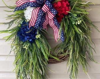 30”x25” Patriotic Wreath, Hanging Greenery Wreath, Summer Wreath, Fourth of July Wreath, Memorial Day Wreath, Red, White and Blue Wreath