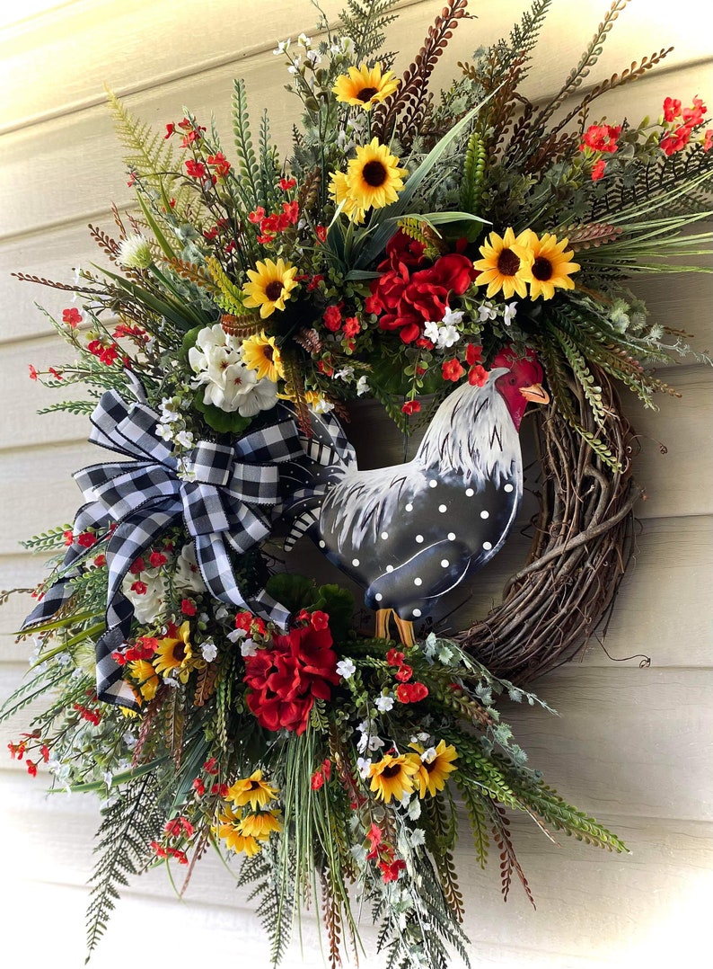 28x25 Chicken Wreath, Farmhouse Wreath, Front Door Wreath, Large Wreath, Summer Wreath, Spring Wreath, Everyday Wreath image 2