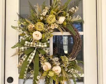 30”x24” Spring Peony Wreath, Nutural Wreath, Everyday Wreath, Farmhouse Wreath, Large Wreath, Front Door Wreath, hanger not included