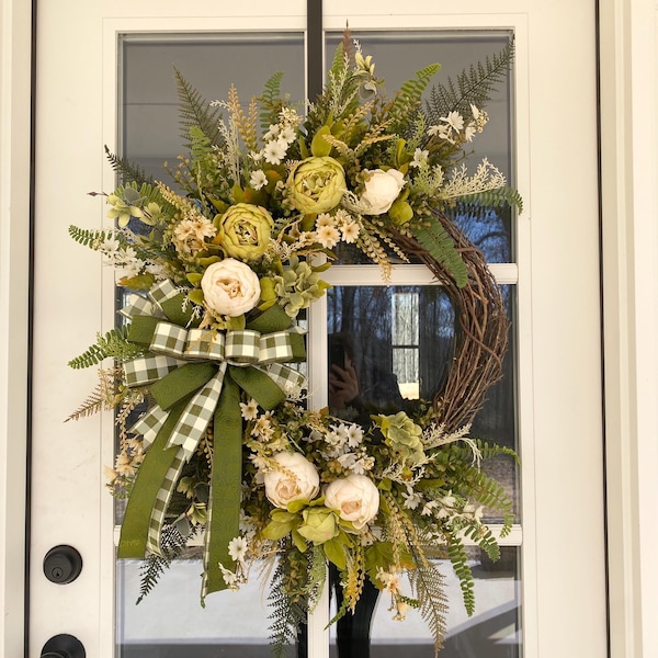 30”x24” Spring Peony Wreath, Nutural Wreath, Everyday Wreath, Farmhouse Wreath, Large Wreath, Front Door Wreath